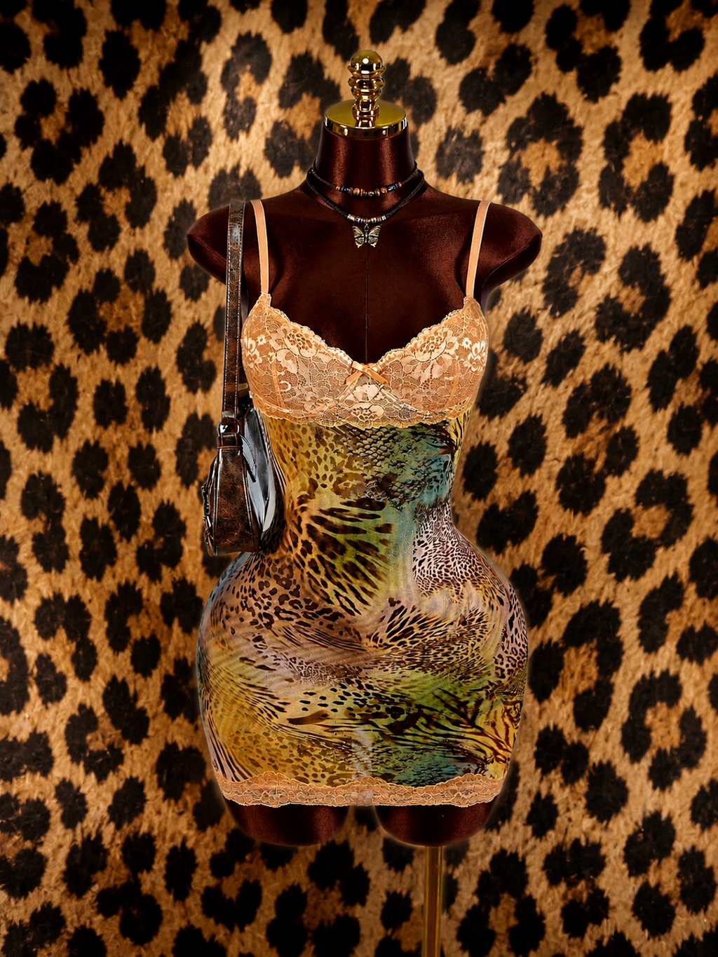 Leopard Backless Lace Slip Mini Dress