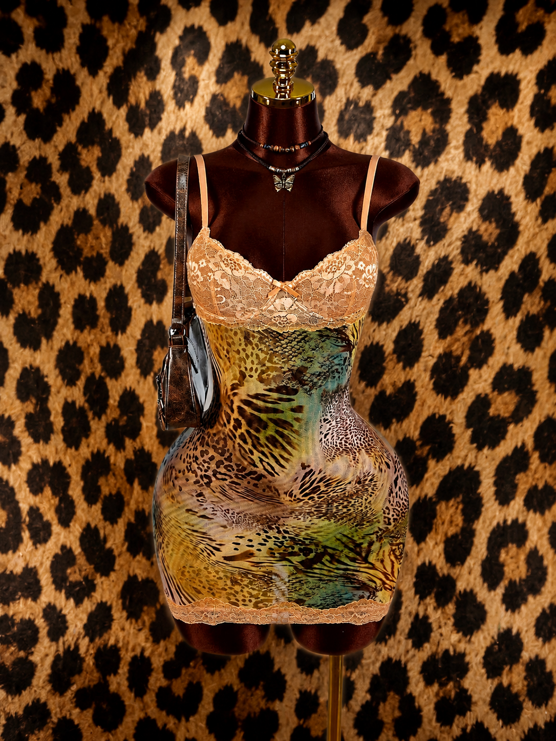 Leopard Backless Lace Slip Mini Dress
