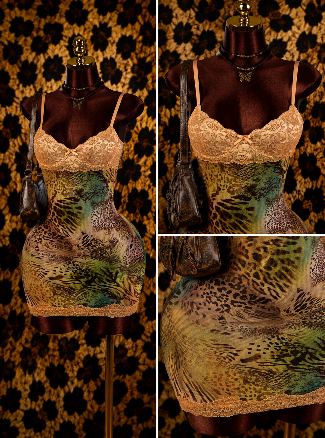Leopard Backless Lace Slip Mini Dress